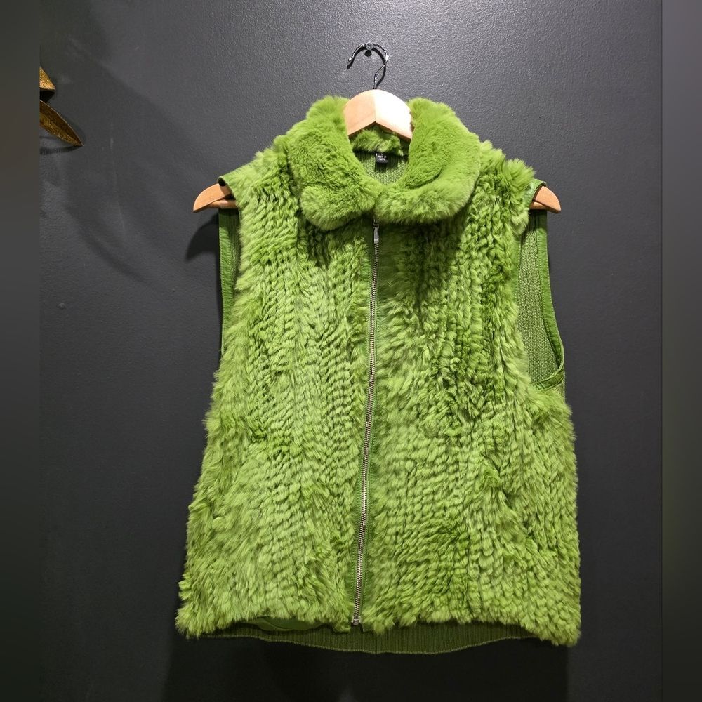 Green Real Rabbit Fur Leather Trim Full Zip Plush Collar Knit Back Vest Sz L Y2K